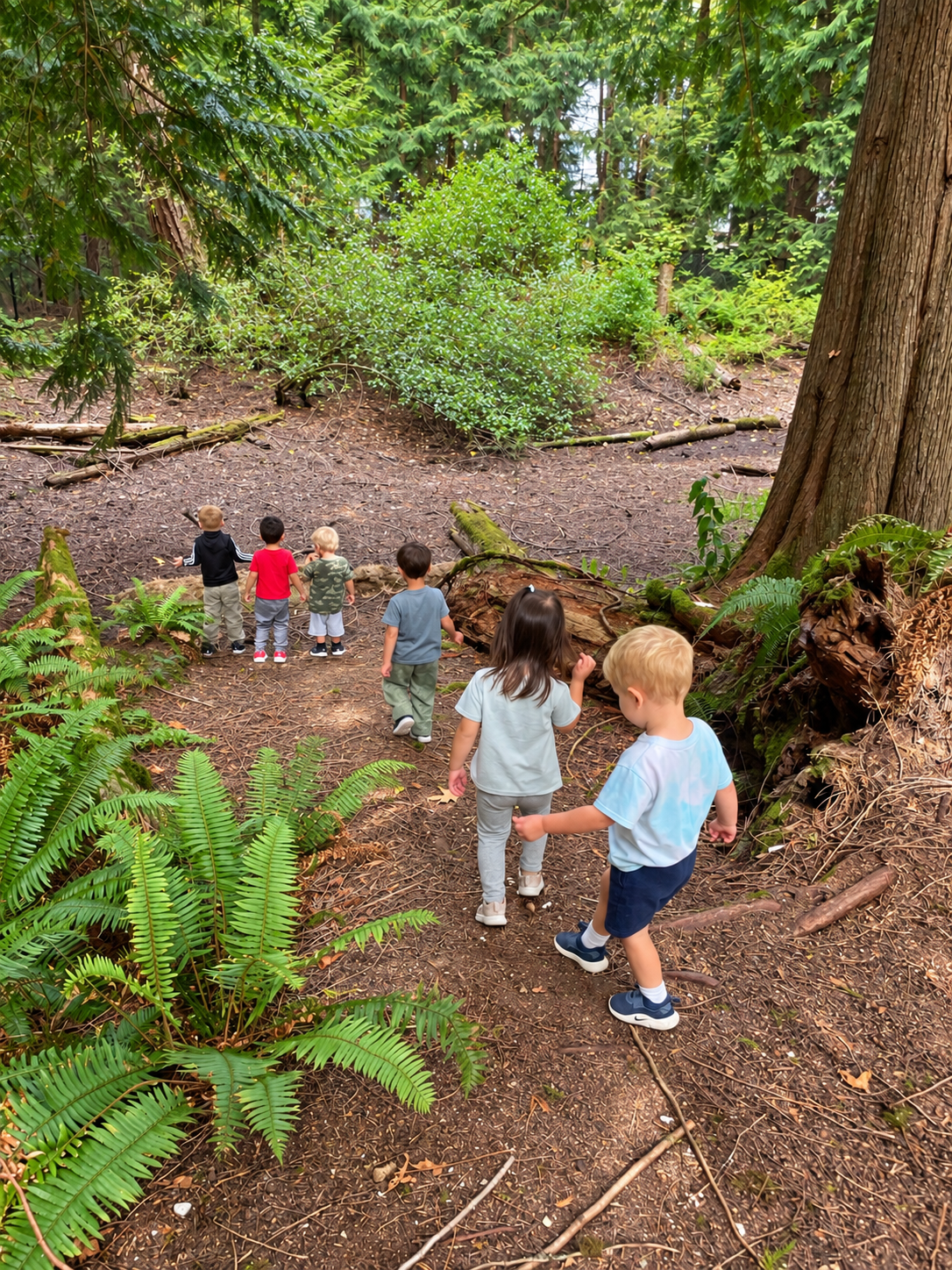 Children exploring a wooded trail together outdoors